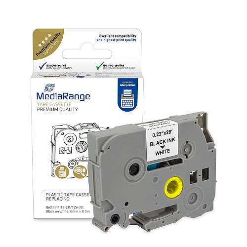 Πλαστική Ταινία Ετικετογράφου MediaRange (Brother TZ-211/TZe-211) 6 mm x 8 m (Μαύρα Γράμματα σε Λευκό Φόντο) (MRBTZ211)